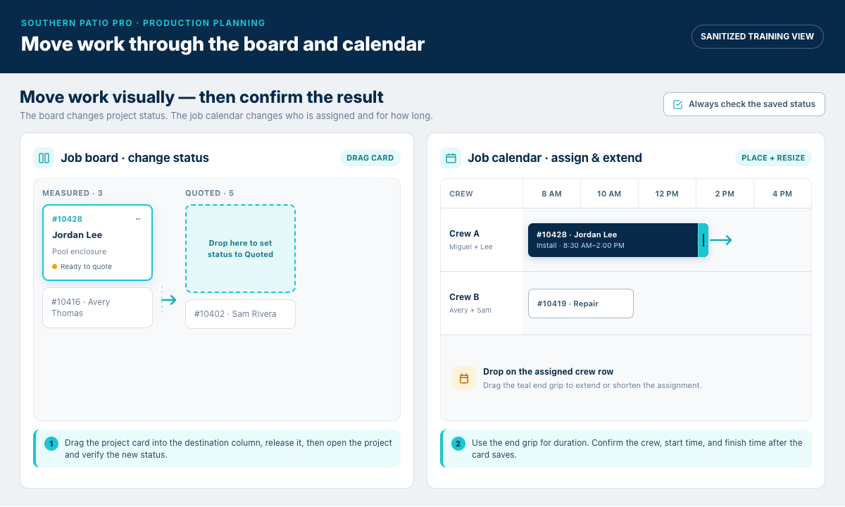 Training view of the job board and crew scheduling calendar