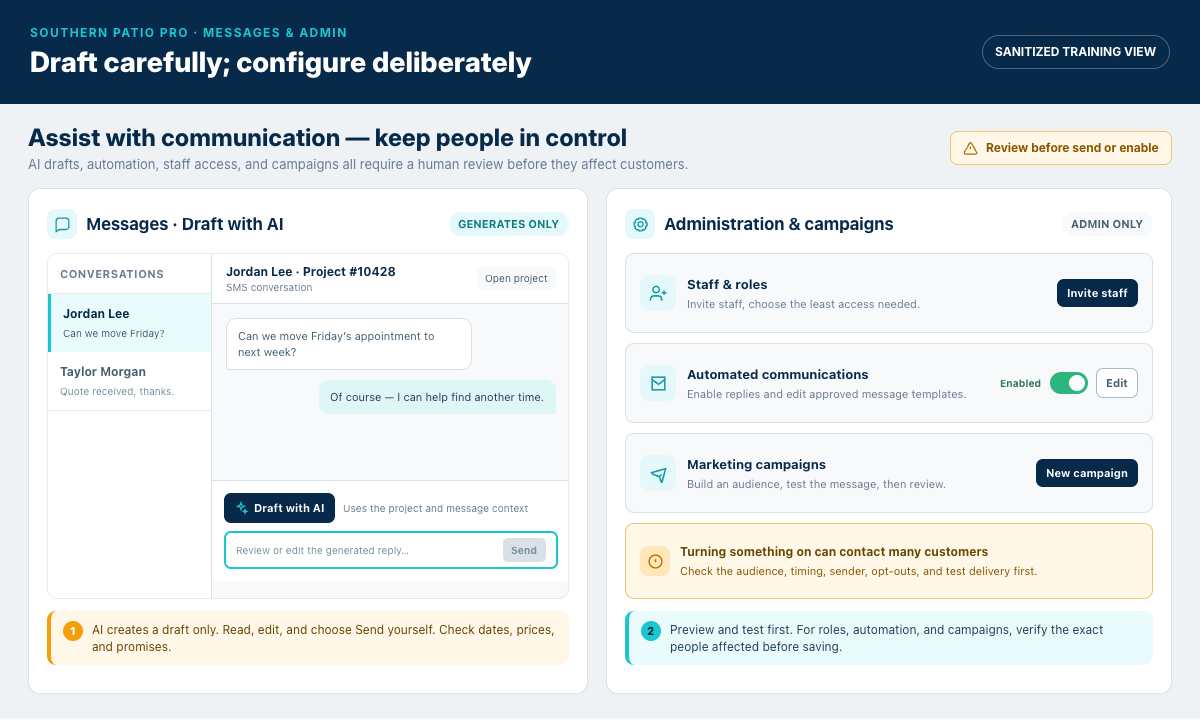 Training view of messages, reply drafting, and administration