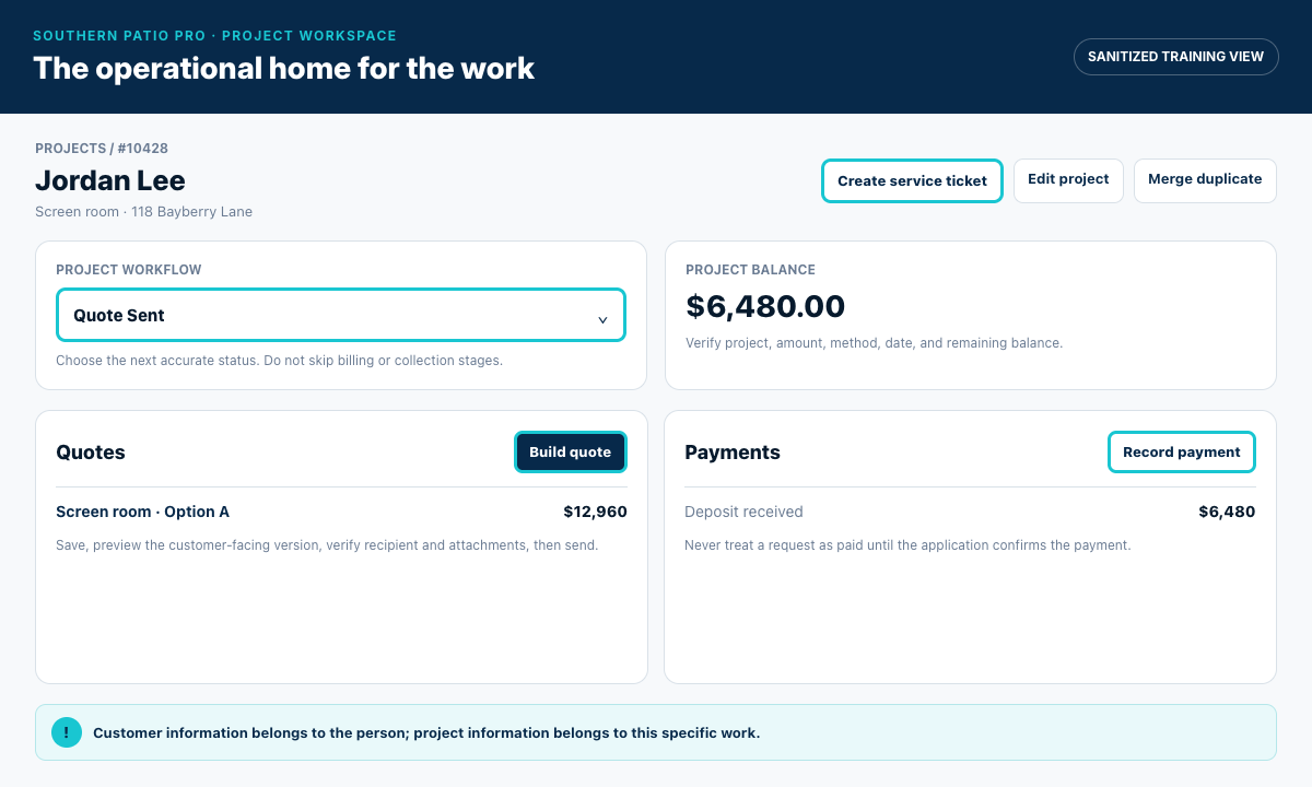 Training view of the project workspace with quotes, payments, files, and job status